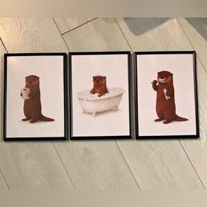Otter Trio Framed Wall Art - Brown Otters In Black Frame 20x30cm Bathroom Decor
